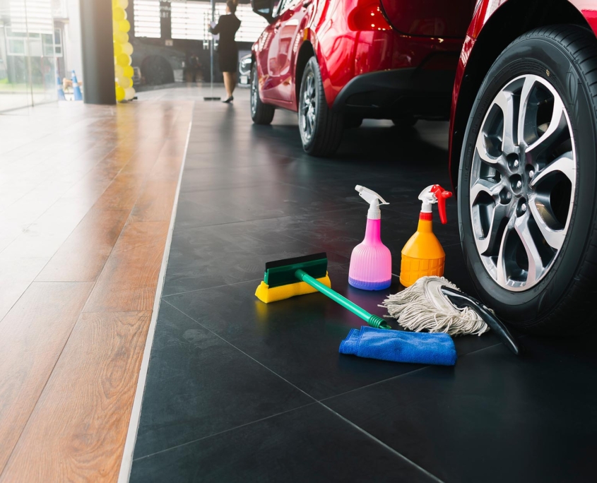 Worker Sweeping Floor In Dealership